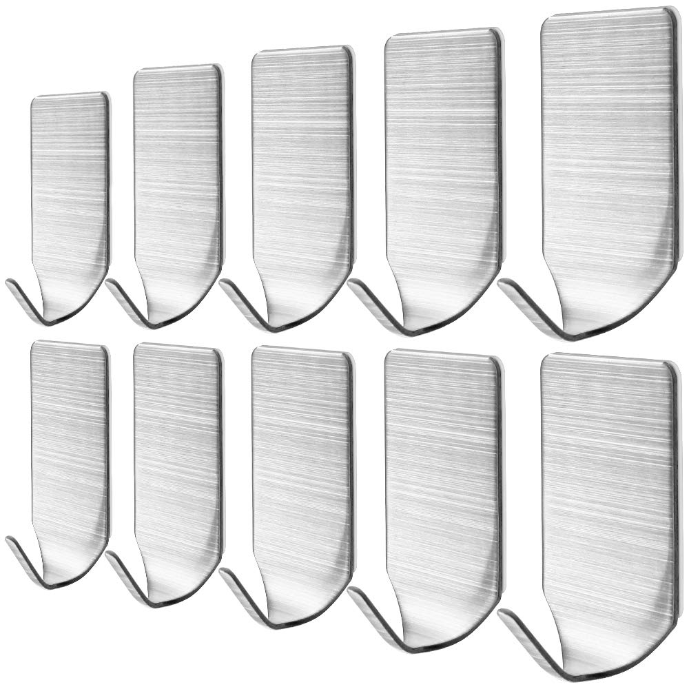 YuCool Stick on Hooks-Pack 10 Sticky Hooks, Self Adhesive Hooks Stainless Steel Sticky Hooks for Bathroom Kitchen Wall Door Stick On Hooks Hanging Coat Cloth Towel Key