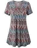 MOQIVGI Graphic Tunic, Ladies Vneck Stylish Modest Draped Blouse Spring Fashion Short Sleeve Top Trendy Country Style Summer Tshirt Aztec Print Clothing for Women Multicoloured Red XX-Large