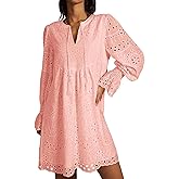 utcoco 2025 Womens Eyelet Dress Casual Loose Tassel V Neck Long Sleeve A Line Lace Hollow Out Ruffle Party Dresses (Medium, Pink)
