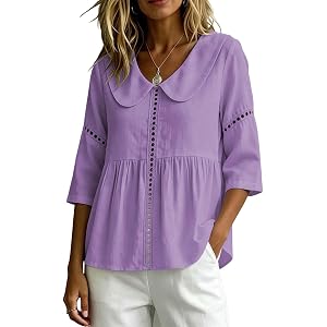 Womens Summer Tops Eyelet 3/4 Sleeve Collared Peplum Babydoll Casual Loose Blouses Shirts Dressy Work Outfits