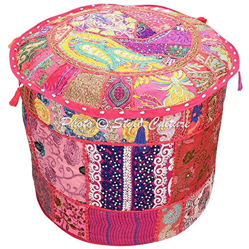 Stylo Culture Ottoman Pouffe Footstool Cover Vintage Large Pink Ethnic Embroidered Patchwork Cotton Traditional Round Fabric Ottoman Pouf Cover (22x22x13 Inch) 55cm (COVER ONLY)