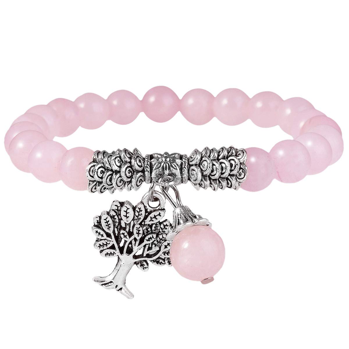 Nupuyai Gemstone Bracelet for Men and Women, Stretch 8 mm Beads Bracelets with Tree of Life Pendant for Reiki Yoga Energy Therapy, 18 centimeters, Stone Metal, rose quartz