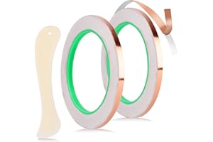 2pcs Copper Foil Tape Kit for Stained Glass, 1/5"x65.6 Feet Double-Sided Adhesive Conductive Tape with Plastic Scraper Suppli