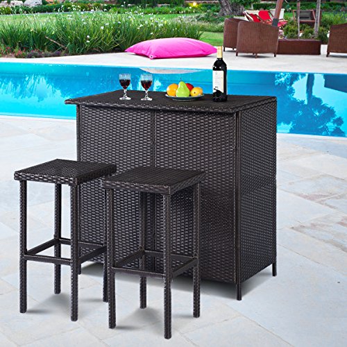 Tangkula 3 Piece Patio Bar Set Rattan Wicker Bar Stools & Table for Lawn Pool Backyard Garden