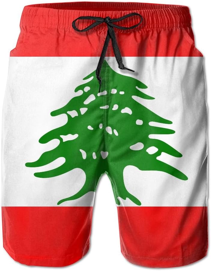 Lebanon Flag Men's/Boys Print Summer Casual Beach Shorts Surfing Pants Quick Dry Trunks Swimwear Elastic Waist Pockets