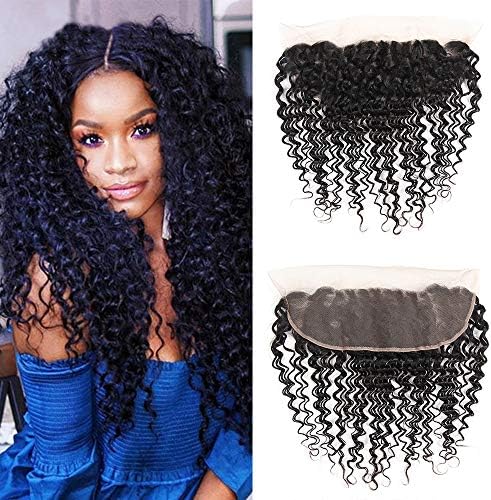 Deep Wave Lace Frontal Closure Free Part (14 inch frontal) 100% Remy Human Hair Brazilian Virgin Hair Extensions 13x4 Ear to Ear Frontal Natural Color