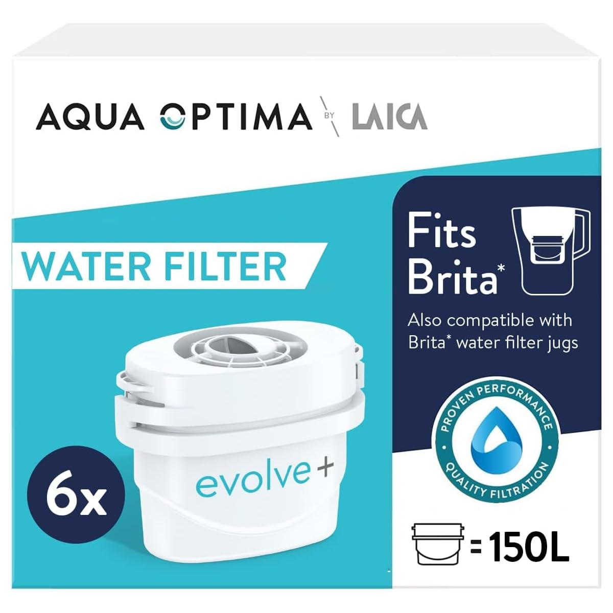 Aqua Optima Evolve+ Water Filter Cartridges 6 Pack - Fits Brita Jugs & Alternative for Maxtra Filters* - Reduces Limescale, Chlorine and Other Impurities - by LAICA (Packaging May Vary)