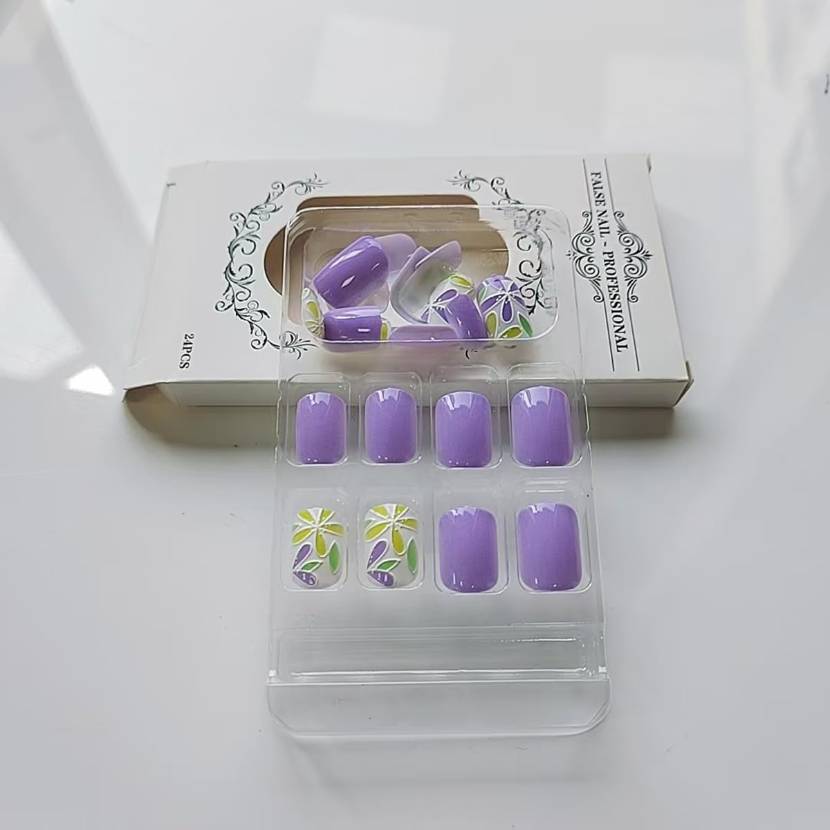 24 Pcs Spring Press on Nails Extra Short Square - LINMEIZAI Purple Cute Fake Nails Press ons Nail Tips Glue on Nails Full Cover Acrylic Nail Kit False Nails with Small Flower Nail Art Design for Women - Image 6