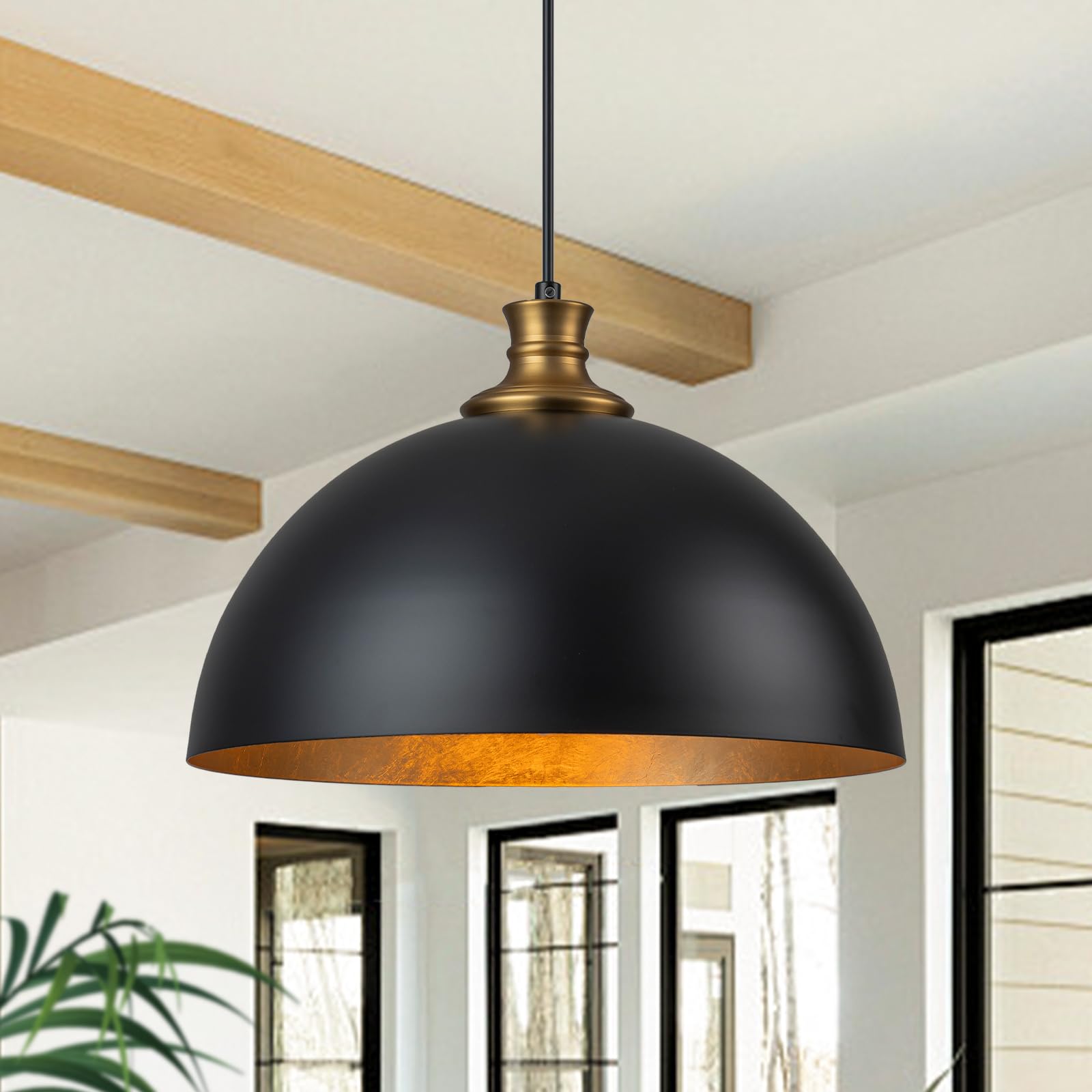Photo 1 of 14.96" Black and Gold Pendant Light, Modern Dome Pendant Lights Kitchen Island Industrial Dome Light Fixture Hanging Lighting for Dining Room Living Room Bedroom Hallway Foyer.