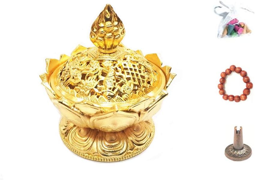 Incense Burner, Lotus Zinc Alloy Antique Chinese Asian Style Lotus Flower Incense Burner Pot Home Decoration Vintage Lotus Shape Smoke Incense Burner Incense Holder, 2.75 X3.14 inches Home Decor