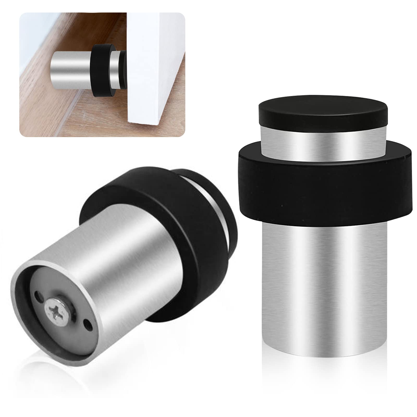 TOKPLNU Door Stops, 50mm Silver Door Stop Floor Mounted Stainless Steel Heavy Duty Floor Wall Door Stoppers for Skirtings, Modern Tall Outdoor Doorstop with Rubber Tip & Ring, 2 Pack — image 1