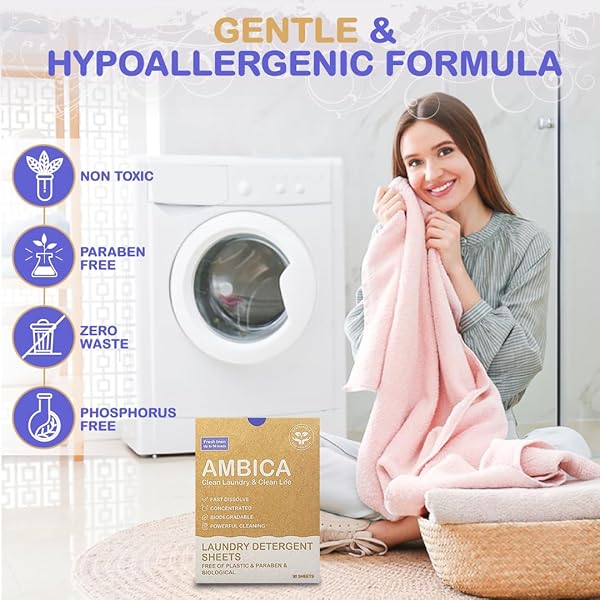 AMBICA TRAVEL LAUNDRY DETERGENT SHEETS, PLANT-BASED LAUNDRY SOAP FOR FRESH CLOTHES, HYPOALLERGENIC & FREE FROM HARSH CHEMICALS, PERFECT FOR SINK OR WASHER CLEANING SOLUTIONS. 30 SHEETS UP TO 60 LOADS