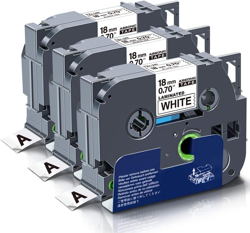 Absonic18mm 0.7" Laminated White Label Tape Replace for Brother Tze-241 Tze241 TZ241 3/4 Inch Tze Tz Tape Black on White for P Touch Label Maker PTD410 PTD610 PTD400AD PTD600 PT-1880 PT-P700, 3 Pack