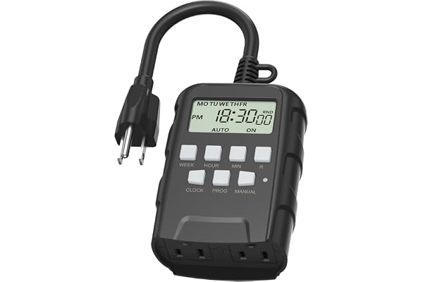 BN-LINK 7 Day Outdoor Heavy Duty Digital Programmable Timer, 125VAC, 60Hz, Dual Outlet, Weatherproof, Heavy Duty, Accurate fo