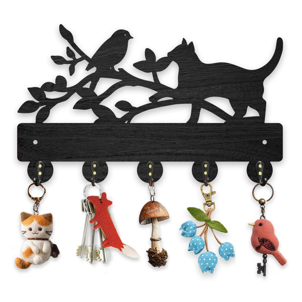 MAYJOYDIY Wood Cat Bird Key Hook Wall Mounted Branch Leaf Key Hangers 30 x 18 cm Animal Theme Key Coat Hat Hook with 5 Alloy Hooks for Entryway Bedroom Living Room Office