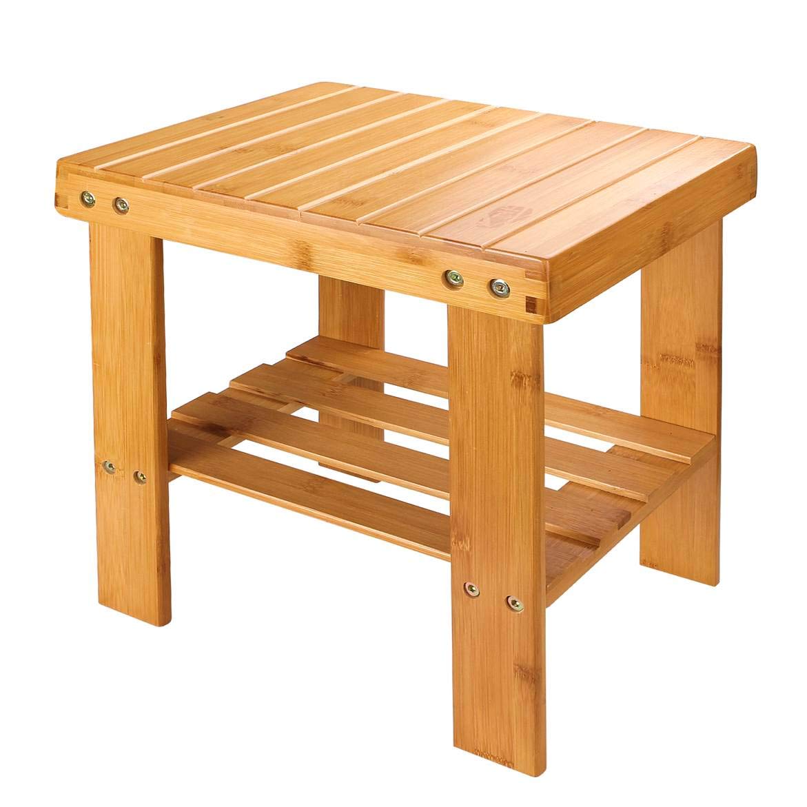 Photo 1 of ASelected Bamboo Shower Stool Small 13 Inch Wood Shower Bench Waterproof Wooden Foot Stool with Storage Shelf for Small Spaces Bathroom Bedside Inside Shower Entryway Shoe Spa Bench