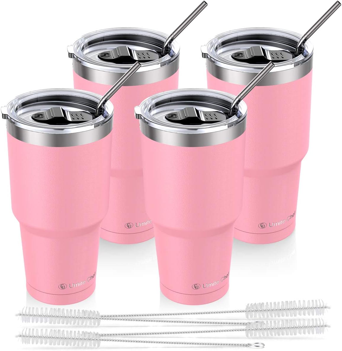 Stainless Steel 30 oz Insulated Tumbler, Umite Chef Vacuum Coffe Tumbler with Lid and Straw, Double Wall Travel Mug Tumbler for Home, Outdoor, Office, School, Ice Drink, Hot Beverage (Pink, 4 Pack)