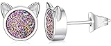 WISHMISS Sterling Silver Earrings Cat Mickey Mouse Stud Earrings Hypoallergenic for Women with Rainbow Drusy