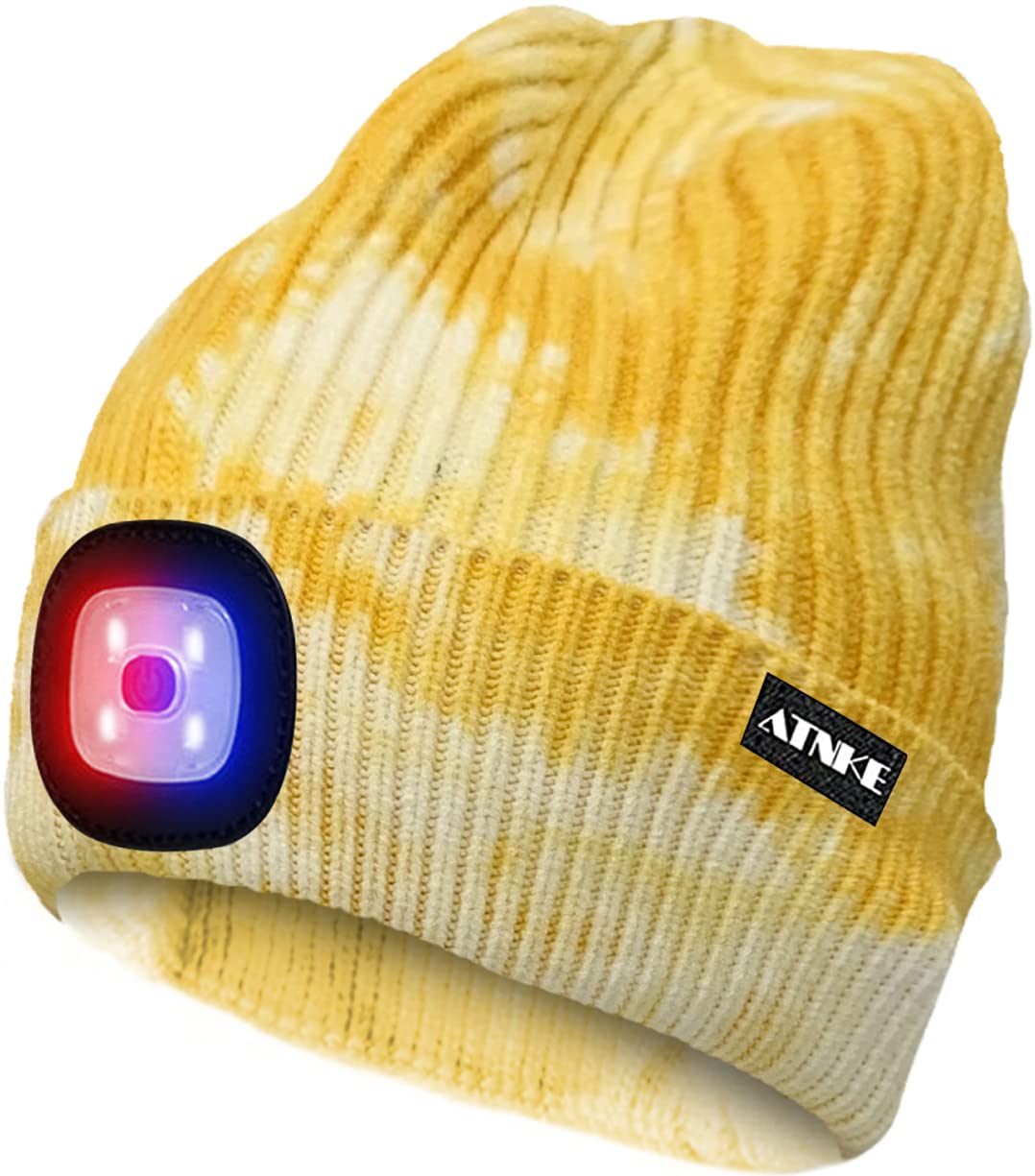 ATNKE LED Lighted Beanie Cap,USB Rechargeable 4 LED Red and Blue Glow Flashing Running Headlamp Hat Winter Warm Gifts for Men and Women/Tie Dye Yellow