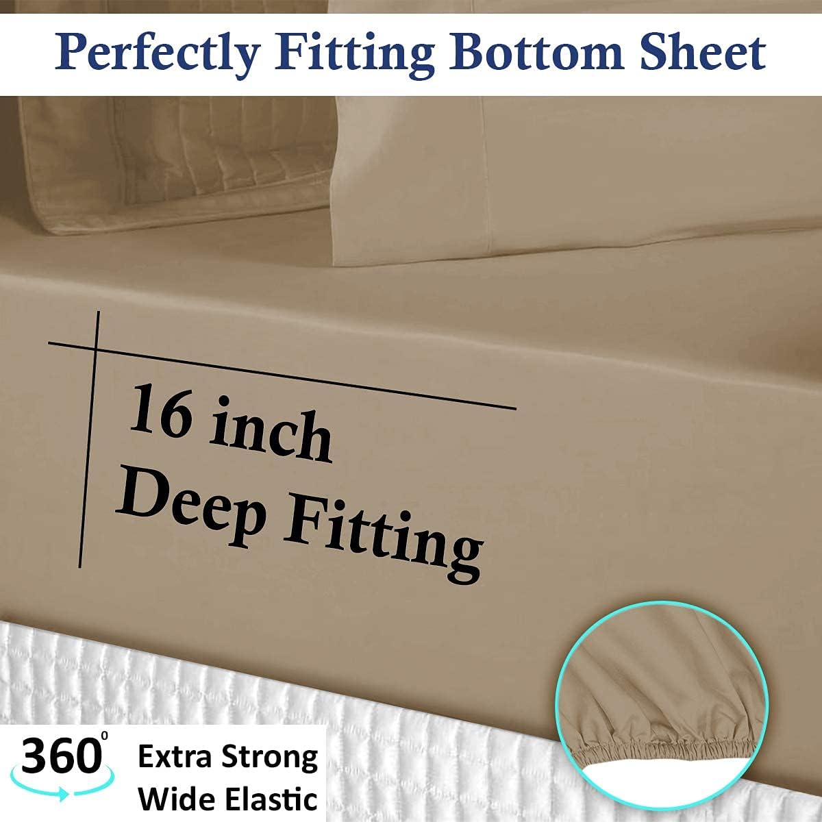 Lavish Touch Queen Size Fitted Sheet - Cotton Rich 1250TC Tri-Blend with Solid Sateen Weave - 16 Inch Deep Pocket, Easy Fits - 1 Fitted Sheet Only (Queen, Taupe): Kitchen & Dining