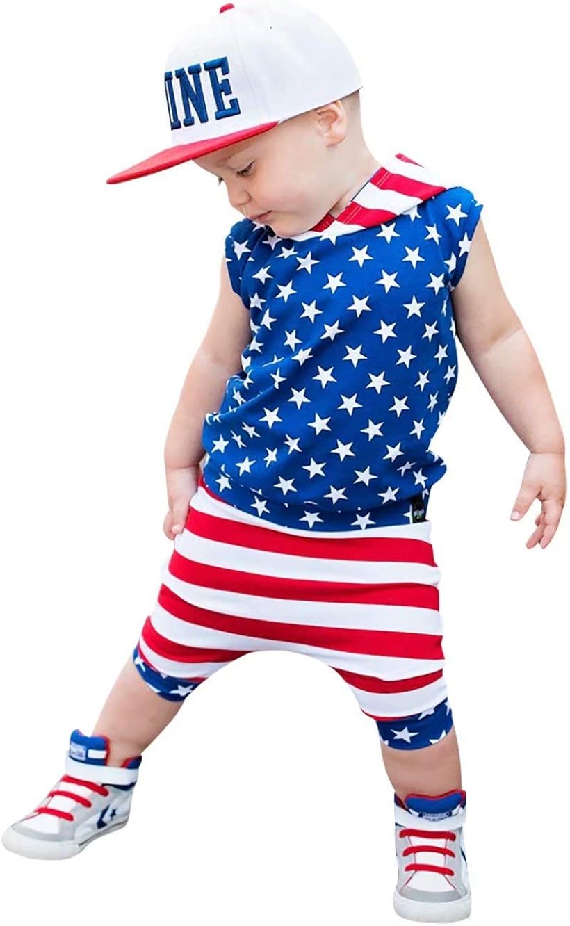 Baby Boys Fourth of July American Flag Sleeveless Hooded Vest Top Short