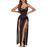 Avidlove Sexy Nightgown for Women Mesh Floral Slit Pleated Lingerie V Neck Long Dress