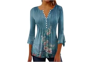 DOUBLELIFT Womens Tops 3/4 Length Sleeves Tunic Vintage Graphic Tees Boho Blouses for Women Casual Floral Print Womens Shirts