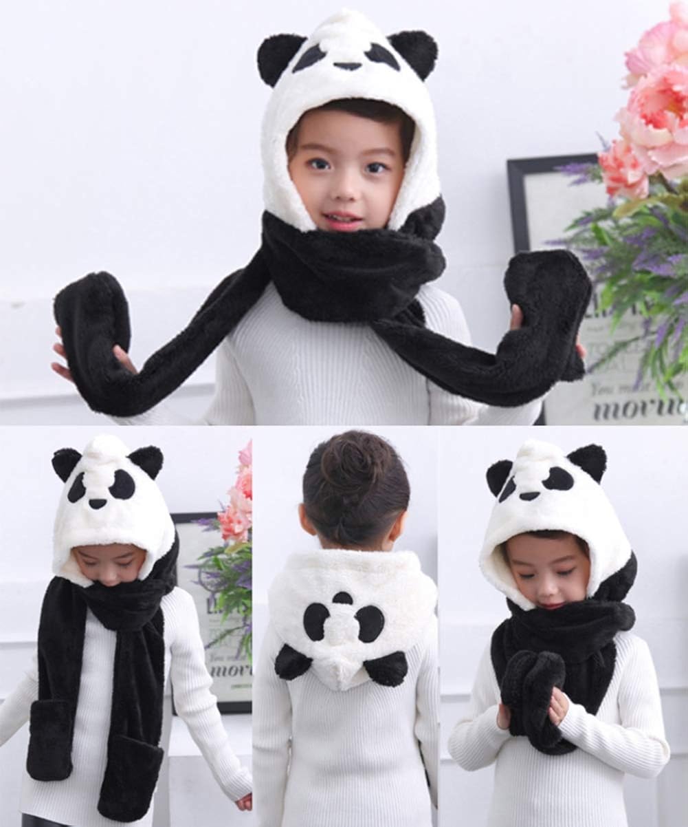 Kids 2 In 1 Hat Scarf Set Winter Plush Panda Full Hood Hats Crossbody Bag Warm Earflap Long Scarf Animal Hoodie Hat Shawl Wraps for Girls Boys 3-8 Years - Image 4