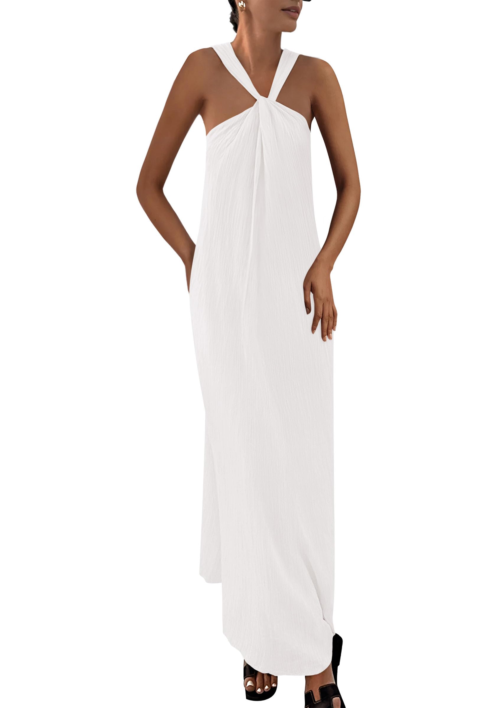Photo 1 of PRETTYGARDEN Womens 2025 Casual Long Summer Dresses Sleeveless Strappy Loose Flowy Beach Vacation Maxi Dress with Pockets (White,Small)