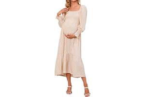 IFFEI Maternity Dress Long Sleeve Boho Midi Dress Floral Smocked Casual Dress Baby Shower Photoshoot