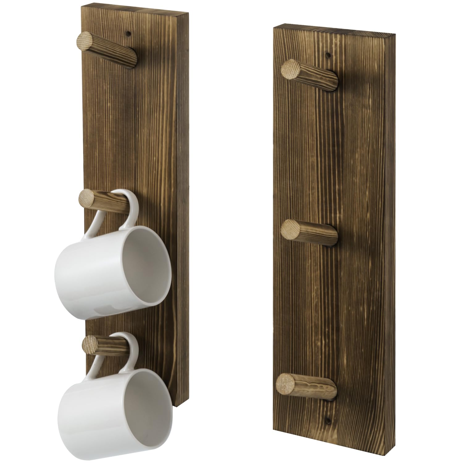 Photo 1 of MyGift Wall Mounted Wooden Mug Rack - 3 Hook Rustic Burnt Wood Teacup Mug Storage Organizer, Set of 2