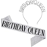 ADBetty Birthday Queen Sash & Rhinestone Headband Set - Silver Glitter Birthday Sash Birthday Gifts for Women Birthday Party Supplies