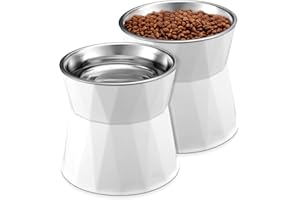 Lallisa 2 Pcs Elevated Cat Bowls Adjustable Raised Cat Feeder Non Slip Food Water with Stand Safe Stainless Steel Bowls with Pet Food Stand for Pets Feeding Eating(White)