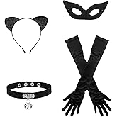 JeryWe Halloween Black Fancy Dress Costume Accessories for Women | Cat Ears Headband, Face Mask, Choker Necklace and Masquerade Gloves Christmas Dress Up Set for Adults