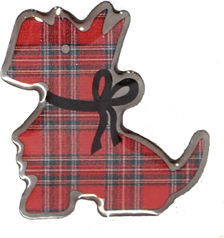 Scottish Red Tartan Scottie Dog with Bow Metal Pin Badge