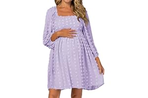 Ofenbuy Women's Long Sleeve Maternity Dress Square Neck Swiss Dot Casual Loose Short Dresses