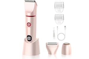 AMULISS 3-in-1 Bikini Trimmer for Women, Electric Razors Shaver for Public Hair - Rechargeable Body Hair Trimmer, Portable Detachable Removal Kit, lPX7 Waterproof Lightweight with LED Display, Gift for Women