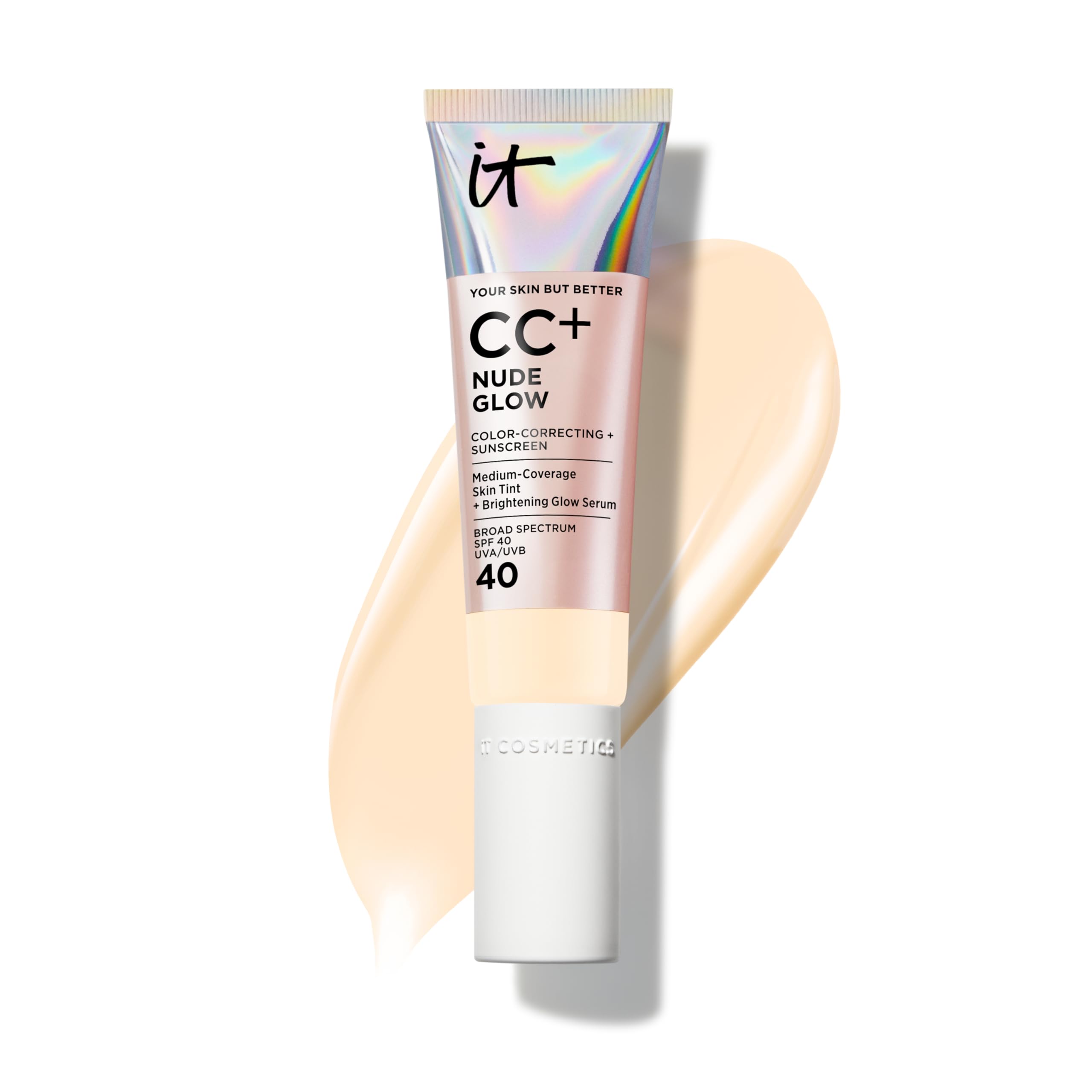 IT Cosmetics CC+ Nude Glow (Fair Warm) - Medium Coverage Foundation with SPF 40 & Brightening Glow Serum, Lightweight Skin Tint, 2% Niacinamide + Hyaluronic Acid, Up to 24H Hydration - 1.08 fl oz Image