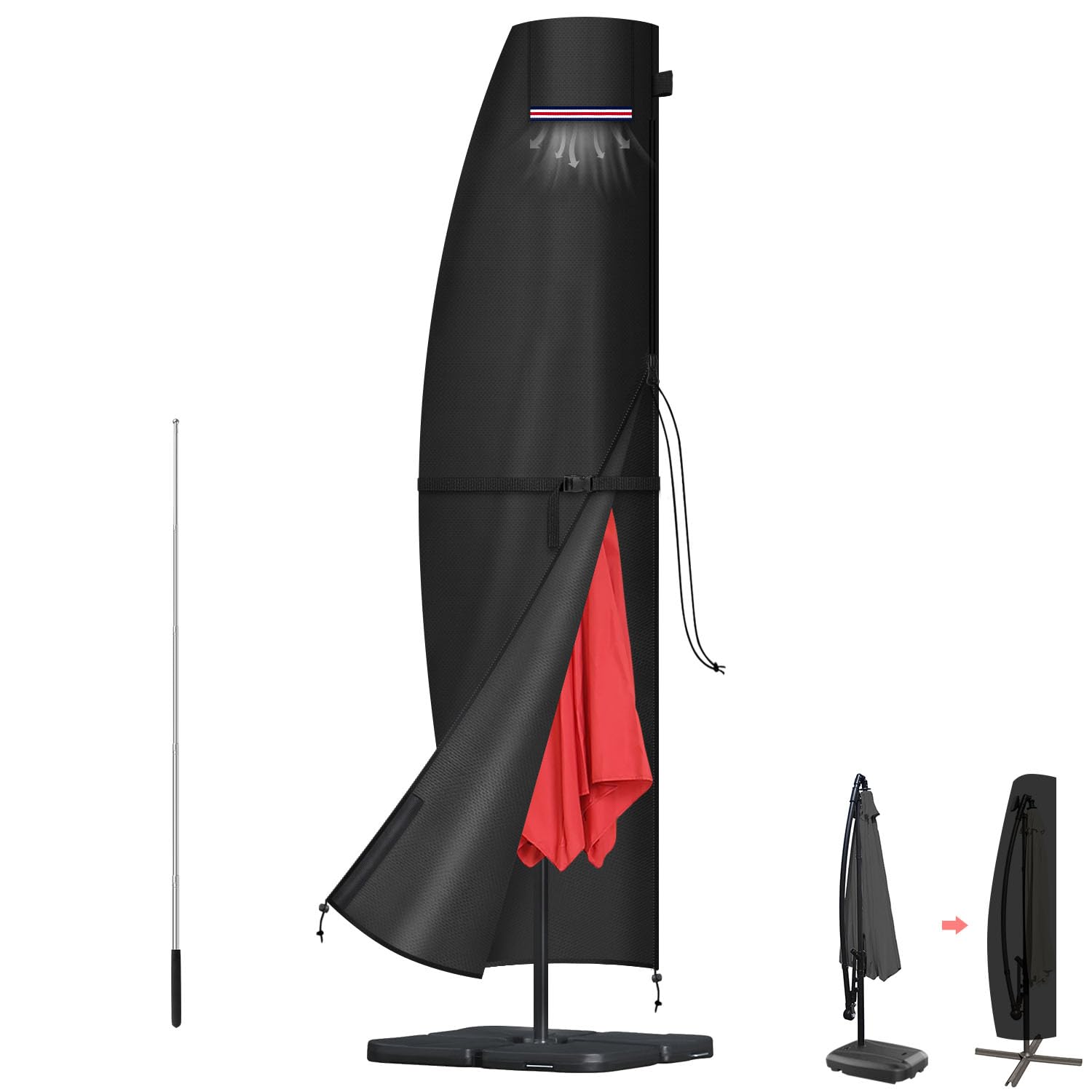 LAMUNI Garden Umbrella Cover Large Garden Parasol Covers for Ø3m Cantilever Parasol Protective Cover Waterproof Outdoor Umbrella Parasol Cover with Zip and Rod, 220x40/70/50cm