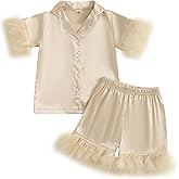 Ayalinggo Little Girls Summer Pajama Sets Short Sleeve Lapel Button Up Plush Cuff Shirt Shorts Sleepwear