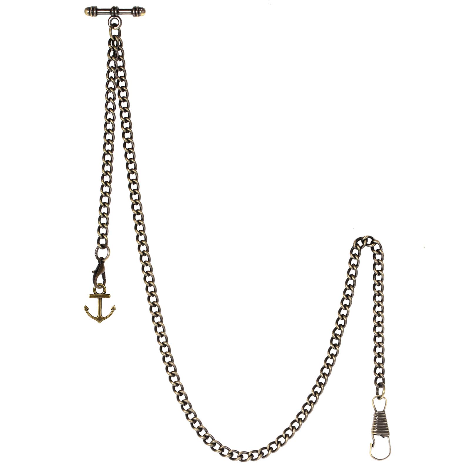 TREEWETO Pocket Watch Chain with T Bar End Albert T-Bar Pocket Watch Chain with Antique Anchor Pendant and 2 Hooks for Vest Buttonhole Bronze