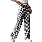 Women's Casual Checkered Pants Drawstring Elastic Waist Comfy Loose Straight Wide Leg Plaid Pants with Pockets