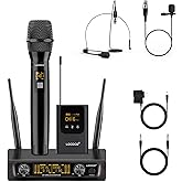 UHF Wireless Microphone System Set: Metal Cordless Handheld/Headset/Lavalier Lapel Mics, Bodypack Transmitter, Receiver - 2*15 Channels 200ft Range for Church, Karaoke Singing, DJ, Wedding, Speech