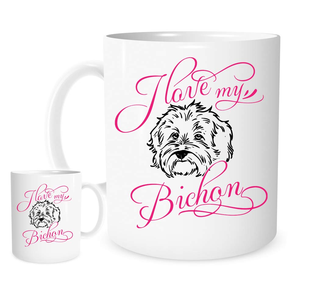 Stoneys Badges I Love My Bichon Mug – Cute Bichon Frise Dog Lover Gift – White Ceramic Coffee Cup with Pink Script – Pet Owner Present for Women, Men, Kids