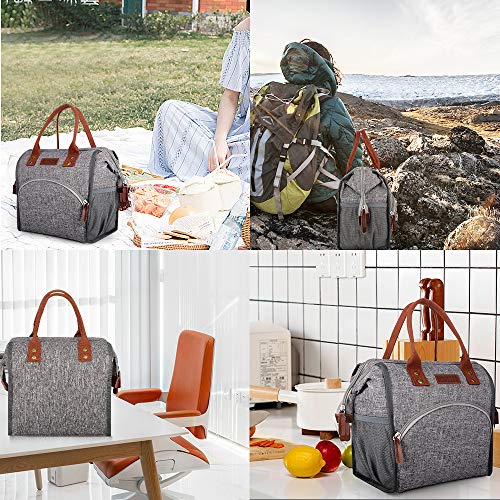 Lunch Bag, KOMUEE Insulated Lunch Box Wide-Open Lunch Tote Bag Large Drinks Holder Durable Nylon Thermal Snacks Organizer for Women Men Adults College Work Picnic Hiking Beach Fishing (grey)