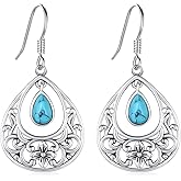 CRWENG Christmas Gifts Turquoise Earrings for Women 925 Sterling Silver Floral Boho Turquoise Teardrop Earrings Vintage Dangle Drop Jewelry Birthday Christmas Gifts for Wife Mom Grandma