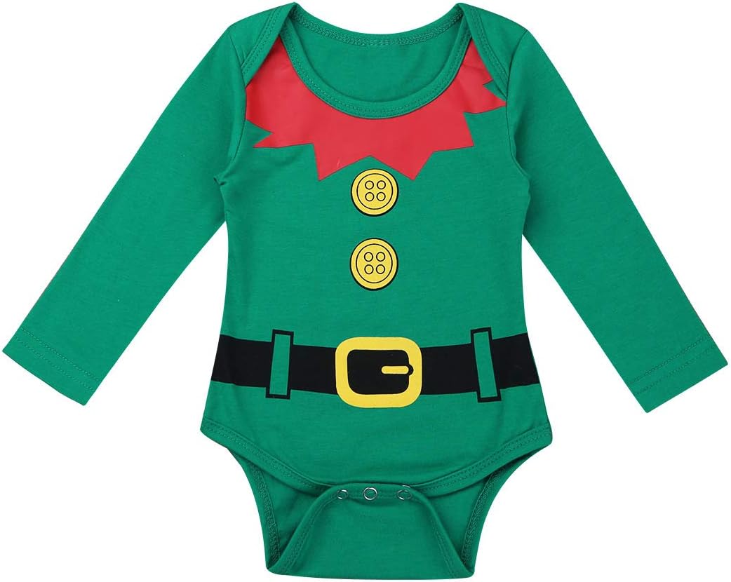 inlzdz Baby Girls Boys Xmas Santa Fairy Spirit Outfit Long Sleeves Romper with Striped Pants Hat Clothes Set Christmas Costume Green 9-12 Months - Image 4