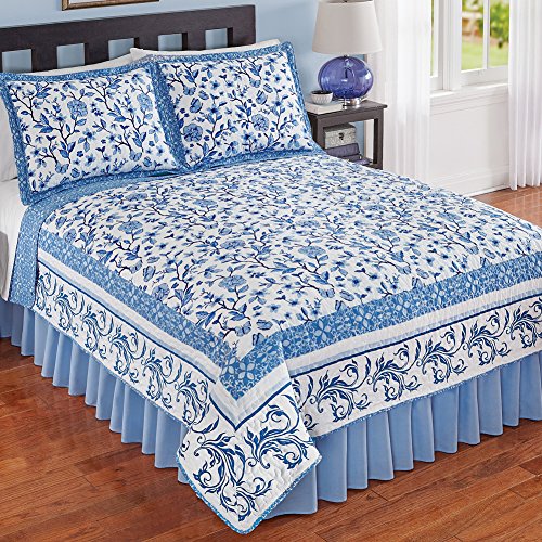 Collections Reversible Delicate Floral Butterfly White & Navy Bedding Quilt with Scroll Border, Blue, Twin