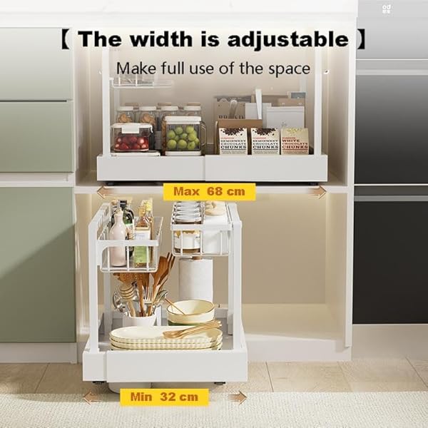 UNDER CABINET ORGANIZER RACK, WHITE METAL 2-TIER STORAGE SHELF, EXPANDABLE 32-52CM WIDTH, MODERN STYLE, KITCHEN COUNTER ORGANIZATION WITH HARDWARE