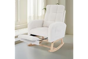 Hevaotry Nursery Rocking Chair with Adjustable Footrest for Living Room,Teddy Fabric Rocking Chair with Solid Wooden Legs，Comfortable Lounge Armchair with Side Pockets and High Backrest(Cream)